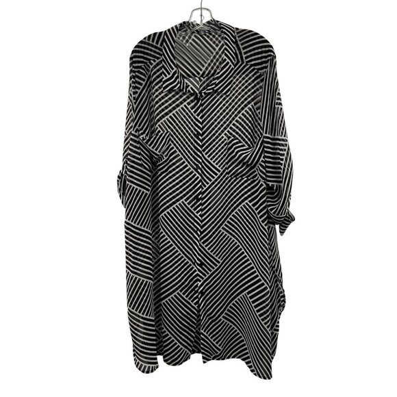 Jessica London Sheer Shift Dress Button Up Black/White Long Roll Tab Sleeve 32W - Picture 1 of 9